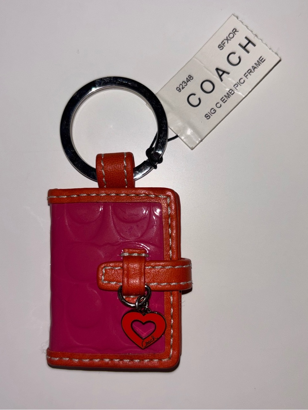 Coach Pink Patent & Orange Trim Photo Album Keychain with Heart Charm